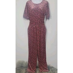 Old Navy Med Pink Floral Velour Short Puff Sleeve Stretchy Keyhole Back Jumpsuit